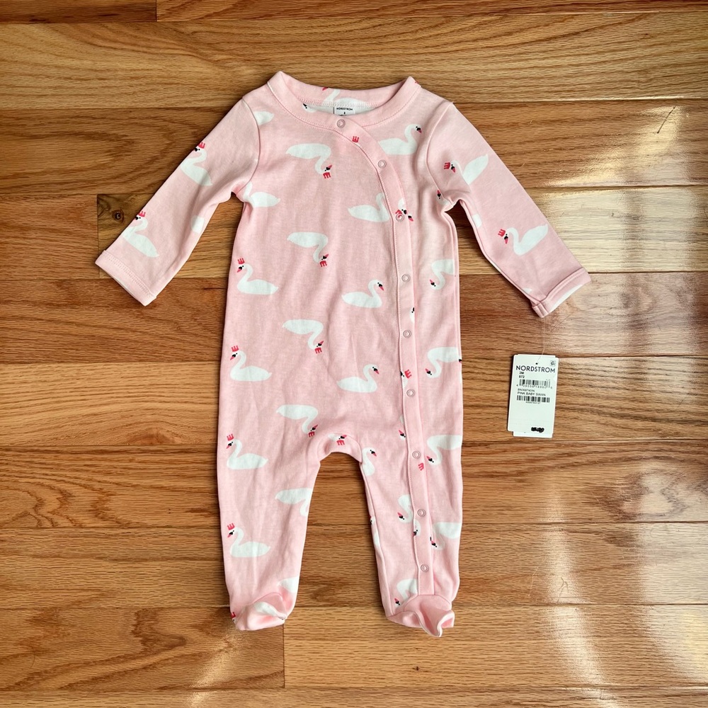 NWT Nordstrom Pink Swan Princess Patterned Baby Cotton Footie